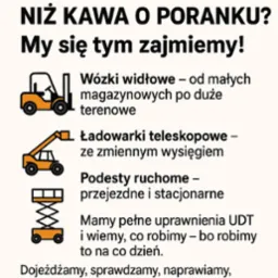 Ilustracja reklamowa serwisu wózków widłowych, ładowarek teleskopowych i podestów ruchomych z numerem telefonu kontaktowego.