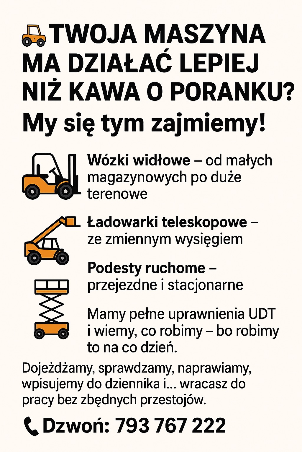 Ilustracja reklamowa serwisu wózków widłowych, ładowarek teleskopowych i podestów ruchomych z numerem telefonu kontaktowego.