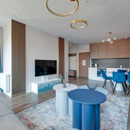 Hubertus Complex - Nowoczesna aranżacja wnętrza salonu z aneksem kuchennym w Siemianowicach Śląskich. Uwagę przykuwają okrągłe stoliki kawowe i drewniane lamele na ścianie.