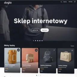Responsywny interfejs sklepu internetowego z minimalistycznym designem, prezentujący ofertę toreb i plecaków. Ciemna kolorystyka, nowoczesny układ.
