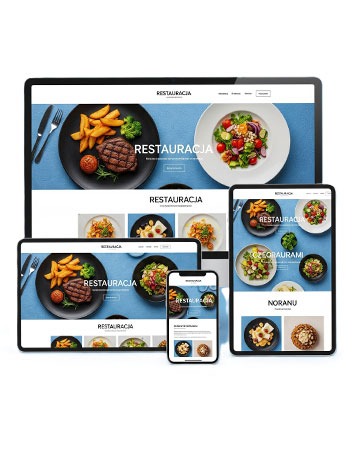 Responsywna strona www restauracji prezentowana na ekranie komputera, tabletu i smartfona. Widok strony z daniami na niebieskim tle.