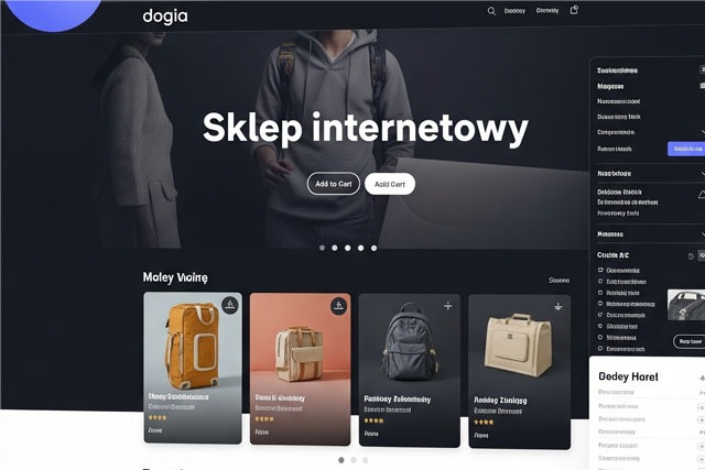 Responsywny interfejs sklepu internetowego z minimalistycznym designem, prezentujący ofertę toreb i plecaków. Ciemna kolorystyka, nowoczesny układ.