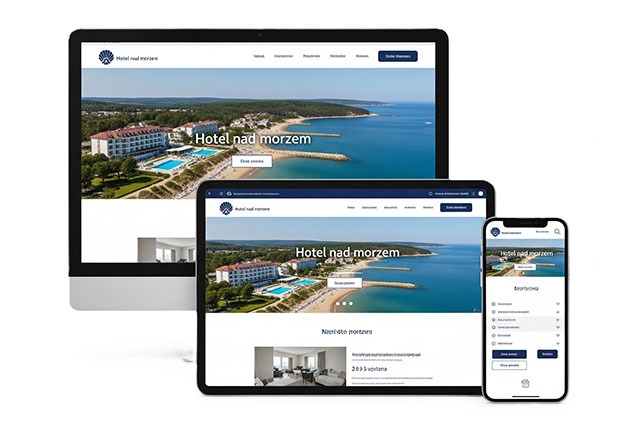 Responsywny design strony 'Hotel nad morzem' na monitorze, tablecie i smartfonie. Widok strony z widokiem na morze, plażę i hotel. Prezentacja projektu strony.