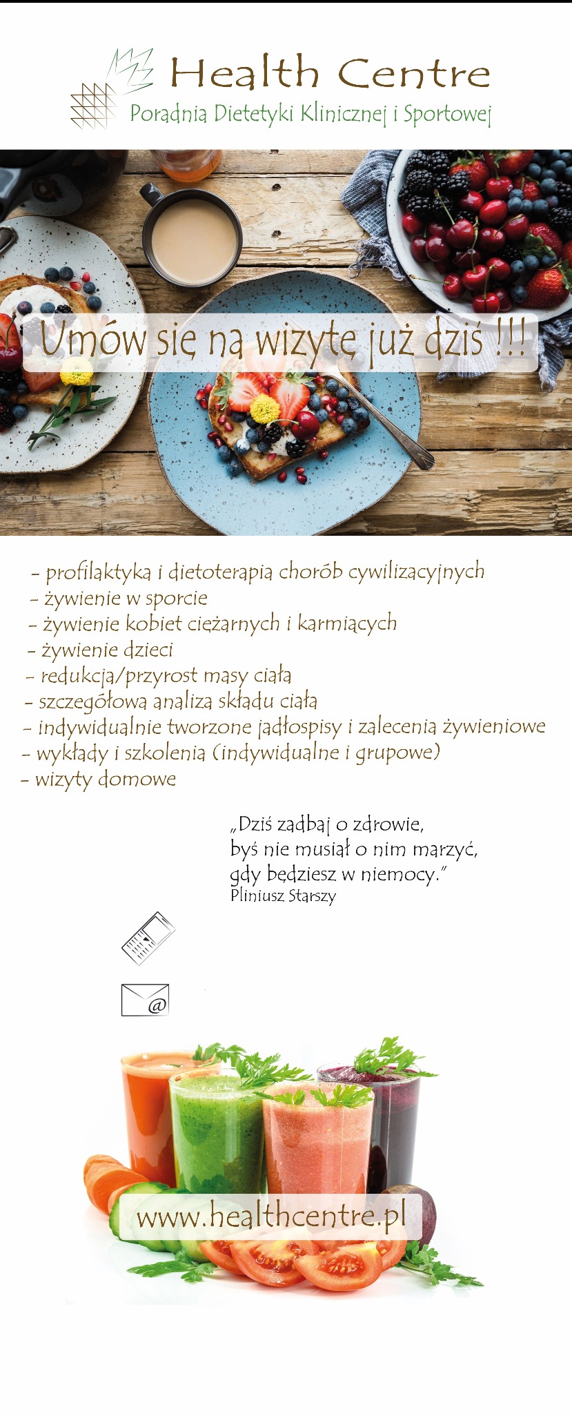 Ogłoszenie poradni dietetycznej: zdrowe śniadanie, świeże soki, oferta profilaktyki, jadłospisy i konsultacje. Zadbaj o zdrowie już dziś!