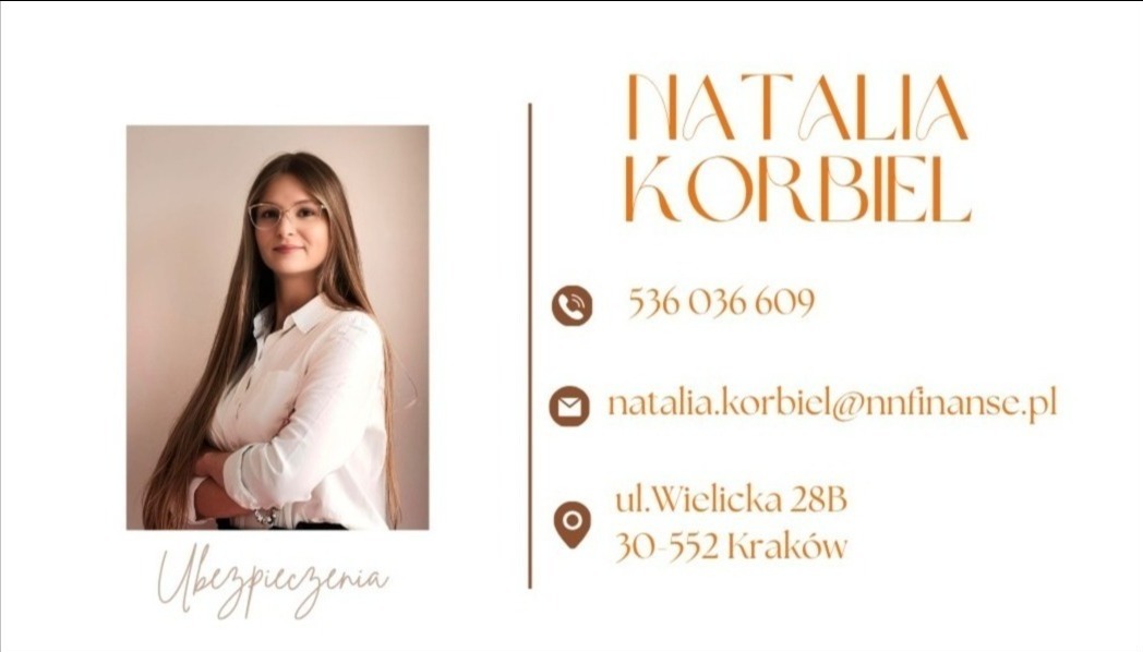 Wizytówka agenta ubezpieczeniowego: portret kobiety w okularach, imię i nazwisko, dane kontaktowe oraz napis 'Ubezpieczenia' w dolnej części.