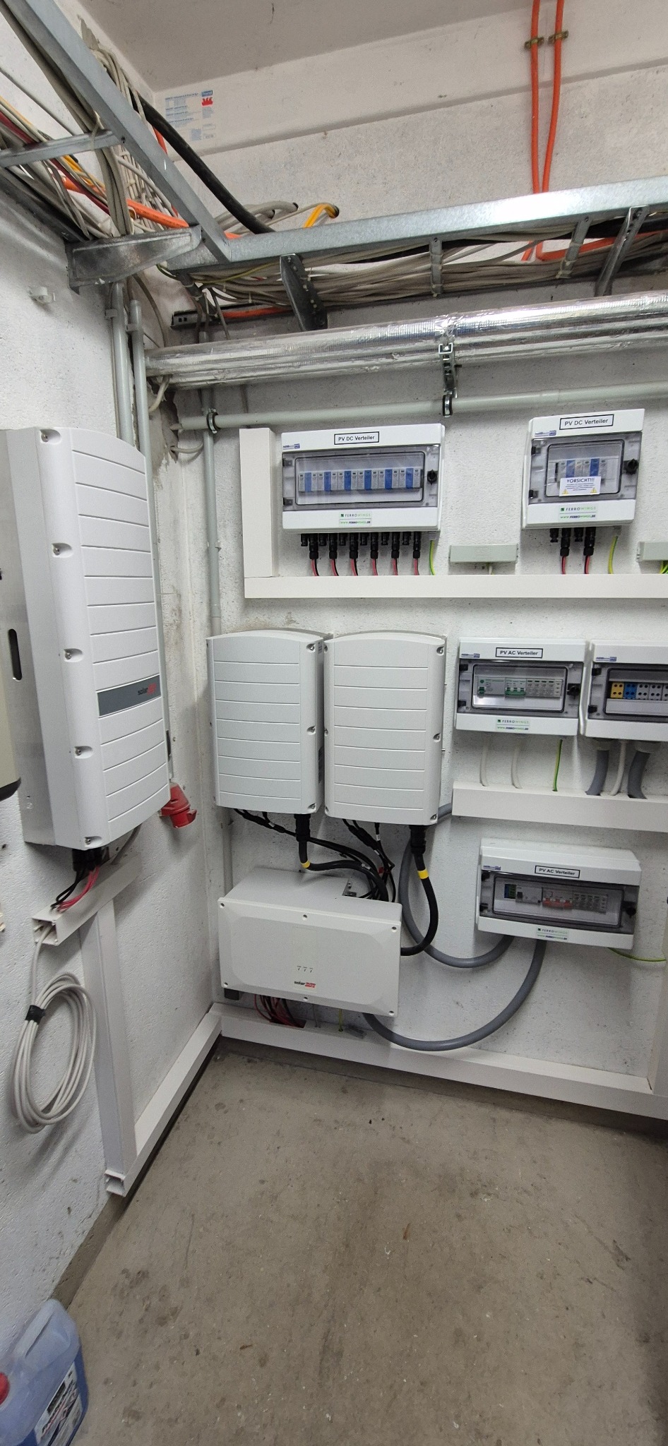 Kompleksowa instalacja fotowoltaiczna w pomieszczeniu technicznym: inwertery, rozdzielnice DC/AC, okablowanie. Widoczne elementy systemu fotowoltaicznego.