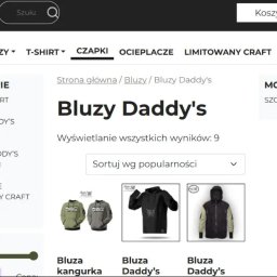 R4BL Media Radosław Barański - Zrzut ekranu strony internetowej sklepu odzieżowego 'Bluzy Daddy's', prezentujący kategorie produktów, wyniki wyszukiwania i opcje sortowania. Widoczne bluzy kangurki i inne modele.