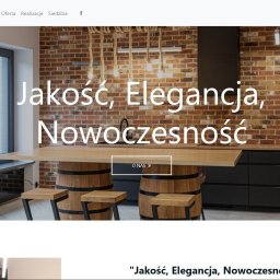R4BL Media Radosław Barański - Strona internetowa z aranżacją kuchni w stylu loft z elementami drewna i cegły. Hasło: Jakość, Elegancja, Nowoczesność. Prezentacja oferty mebli.