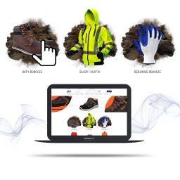 R4BL Media Radosław Barański - Laptop MacBook Air wyświetla stronę z odzieżą roboczą: buty, kurtki i rękawice. Grafika z dymem w tle. Prezentacja sklepu internetowego.