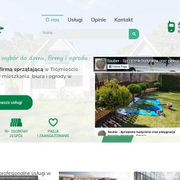 R4BL Media Radosław Barański - Zrzut ekranu strony internetowej firmy Sauber, oferującej usługi sprzątania i pielęgnacji ogrodów, z widocznym fragmentem profilu na Facebooku prezentującym realizację.