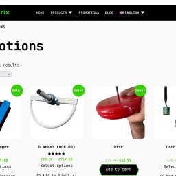 R4BL Media Radosław Barański - Strona internetowa sklepu BarMatrix z ofertą promocyjną: 'Promotions'. Widoczne produkty w obniżonych cenach, m.in. 'Cliff Hanger', 'D Wheel', 'Disc', 'Double cliff'.