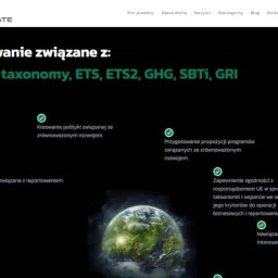 R4BL Media Radosław Barański - Strona internetowa z nagłówkiem 'Raportowanie związane z:' i listą usług dotyczących zrównoważonego rozwoju, na czarnym tle z grafiką Ziemi.