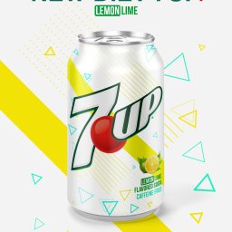 R4BL Media Radosław Barański - Grafika puszki Diet 7UP Lemon Lime na białym tle z żółtymi paskami i trójkątami. Napis 'New Diet 7UP' i informacja o braku kalorii i kofeiny.