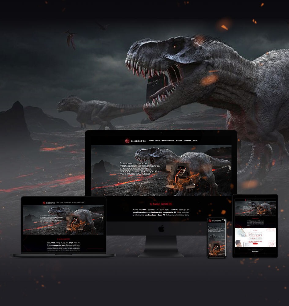 Responsywna strona WWW 'GODERE' na różnych urządzeniach (laptop, monitor, tablet, smartfon) z motywem dinozaura i budowy PC z klocków LEGO. Prezentacja na tle scenerii z dinozaurami.