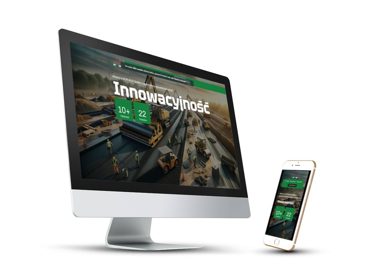 Prezentacja responsywnej strony internetowej na ekranie monitora i smartfona, z widoczną grafiką drogi w budowie oraz hasłem 'Innowacyjność'.