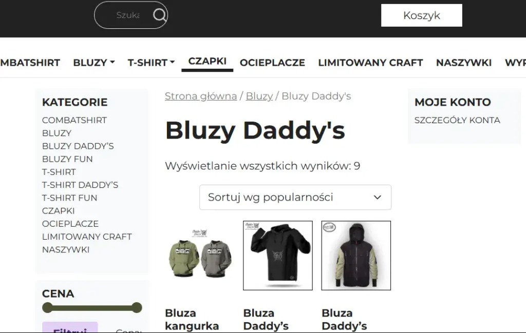 Zrzut ekranu strony internetowej sklepu odzieżowego 'Bluzy Daddy's', prezentujący kategorie produktów, wyniki wyszukiwania i opcje sortowania. Widoczne bluzy kangurki i inne modele.
