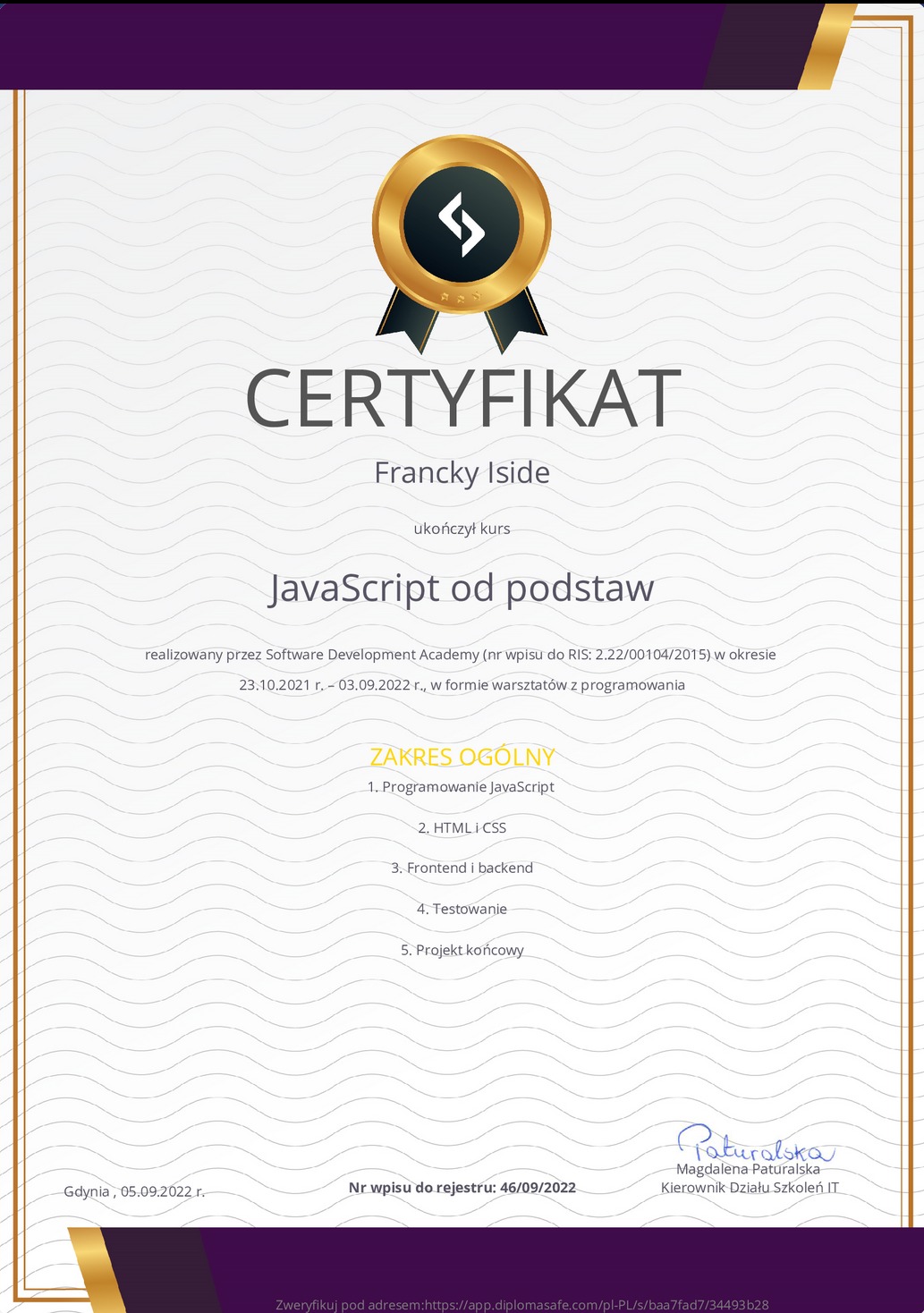 Javascripte Certificate