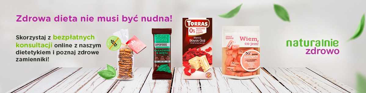 Baner reklamowy dietetyka z ofertą darmowych konsultacji online. Na pierwszym planie zdrowe przekąski: ciastka, baton, czekolada bez cukru i krówki.