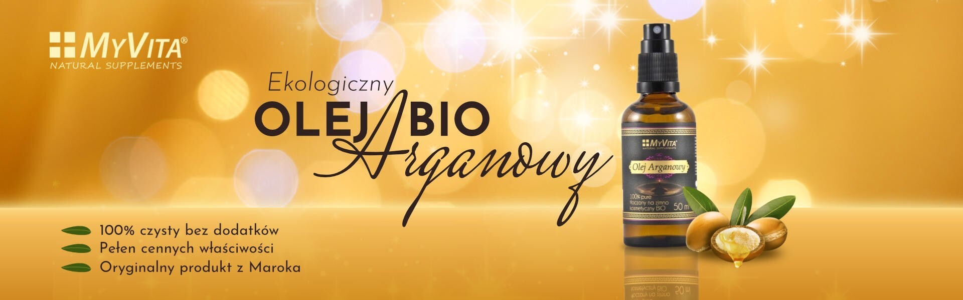 Grafika produktu: ekologiczny olej arganowy BIO marki MyVita. Złote tło, butelka z atomizerem, orzechy arganowe i napisy.
