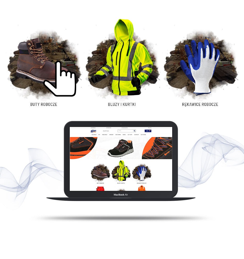 Laptop MacBook Air wyświetla stronę z odzieżą roboczą: buty, kurtki i rękawice. Grafika z dymem w tle. Prezentacja sklepu internetowego.