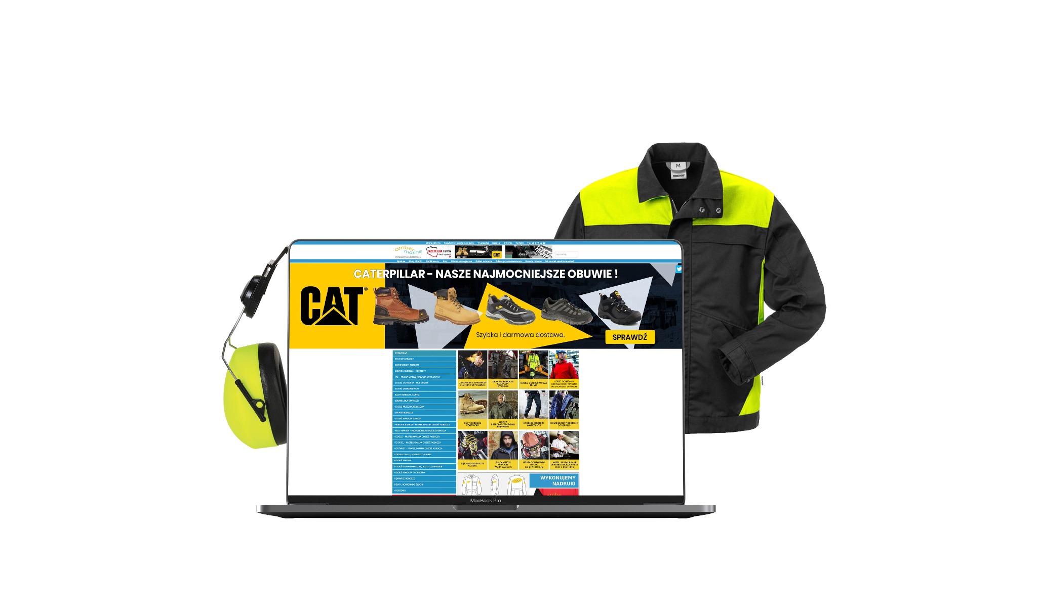 Laptop z otwartą stroną o odzieży roboczej CAT, obok nausznik i kurtka robocza. Prezentacja oferty sklepu internetowego na ekranie.