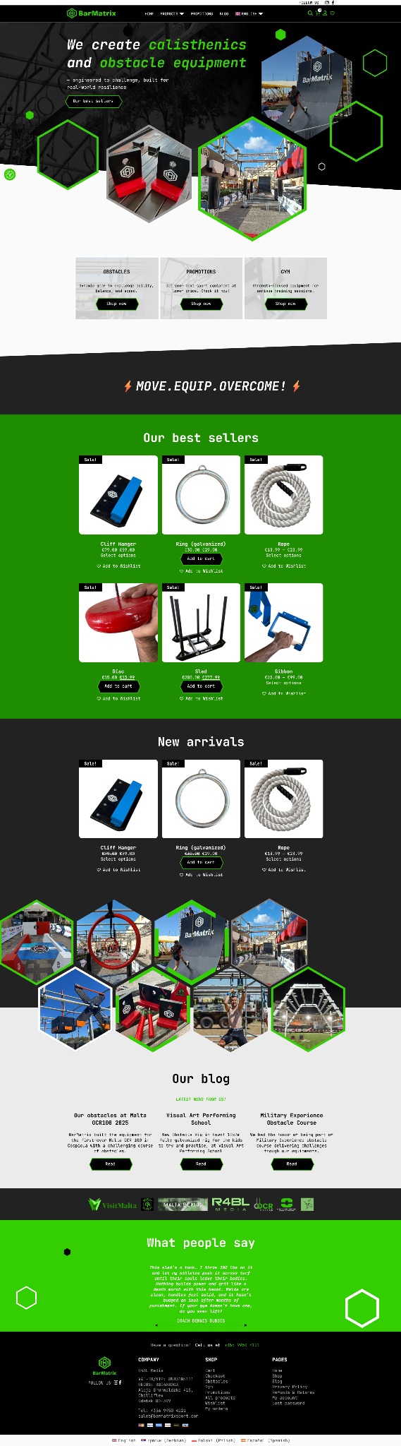 Strona internetowa z ofertą sprzętu do kalisteniki i torów przeszkód BarMatrix. Prezentacja produktów, blog, opinie klientów i dane kontaktowe w stopce.