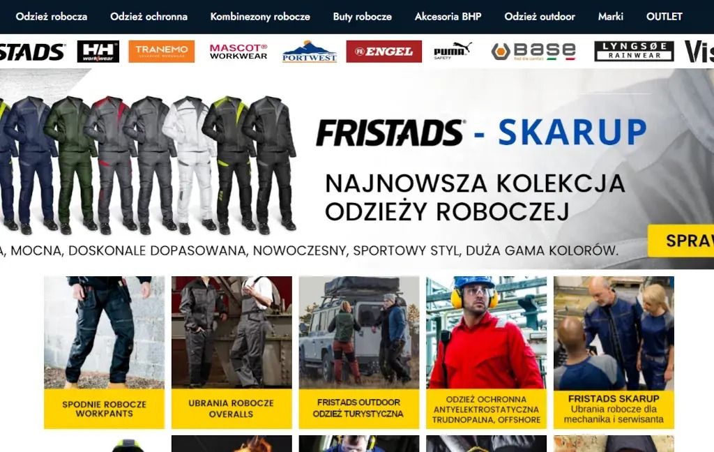 Prezentacja strony internetowej z kolekcją odzieży roboczej marki Fristads Skarup. Widoczne logo, zdjęcia odzieży, hasła reklamowe i kategorie produktów.