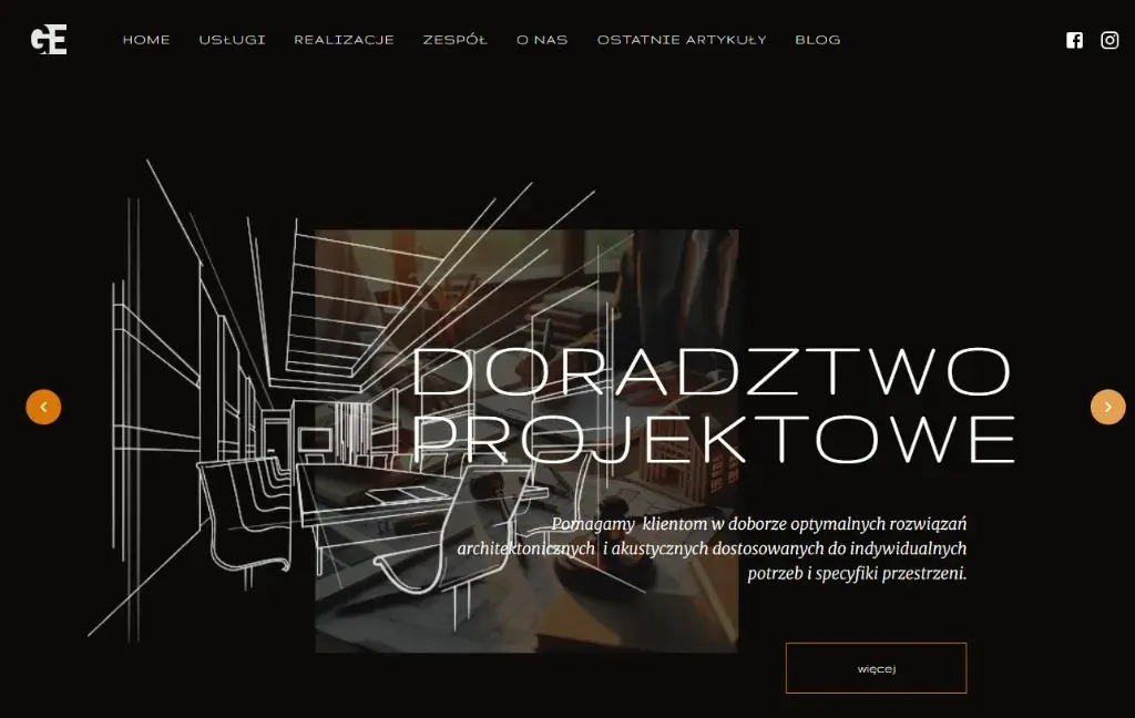 Strona internetowa z napisem 'Doradztwo Projektowe' i szkicem wnętrza. Minimalistyczny design, ciemne tło, wyraźny kontrast. Prezentacja usług projektowych online.