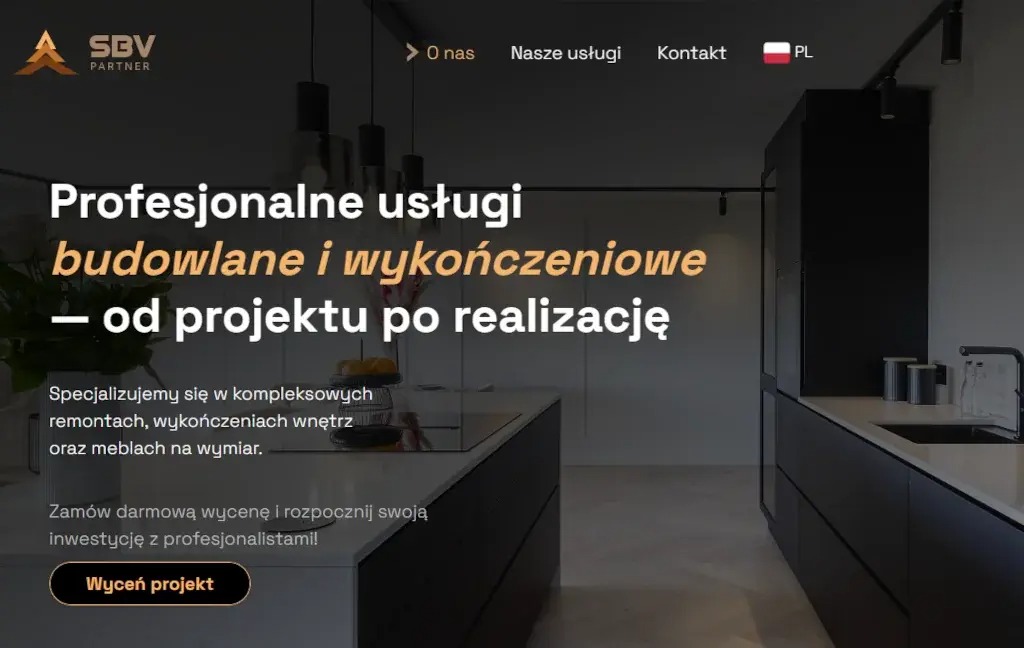 Strona internetowa firmy budowlanej SBV Partner z hasłem 'Profesjonalne usługi budowlane i wykończeniowe - od projektu po realizację' i wizualizacją nowoczesnej kuchni.