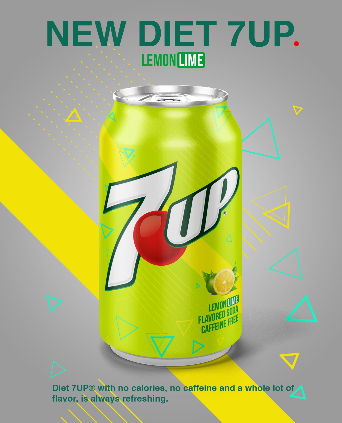 Grafika puszki Diet 7UP Lemon Lime na szarym tle z żółtymi akcentami i trójkątami. Napis 'New Diet 7UP' u góry, 'Lemon Lime Flavored Soda Caffeine Free' na puszce.