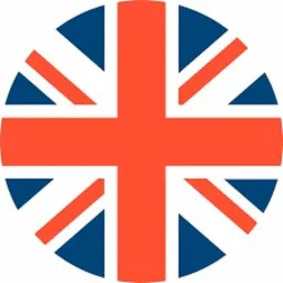 Flaga Wielkiej Brytanii w okręgu, widoczna czerwona krzyżowa figura na niebieskim tle, symbolizująca język angielski i edukację.