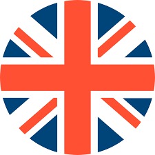 Flaga Wielkiej Brytanii w okręgu, widoczna czerwona krzyżowa figura na niebieskim tle, symbolizująca język angielski i edukację.