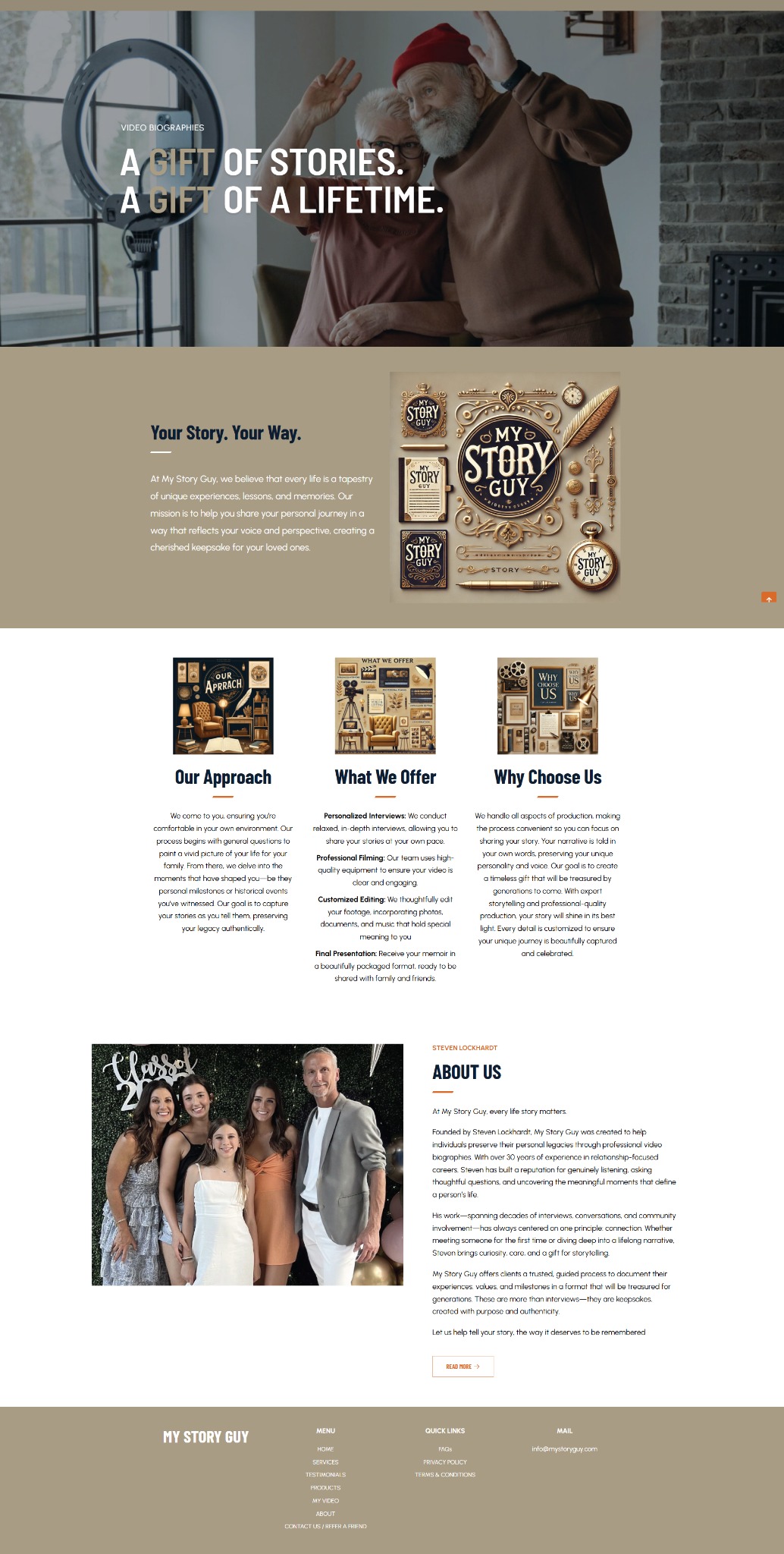 Strona internetowa firmy oferującej video biografie. Na górze zdjęcie starszej pary przed lampą pierścieniową. Poniżej sekcje: Nasze podejście, Co oferujemy, Dlaczego my.