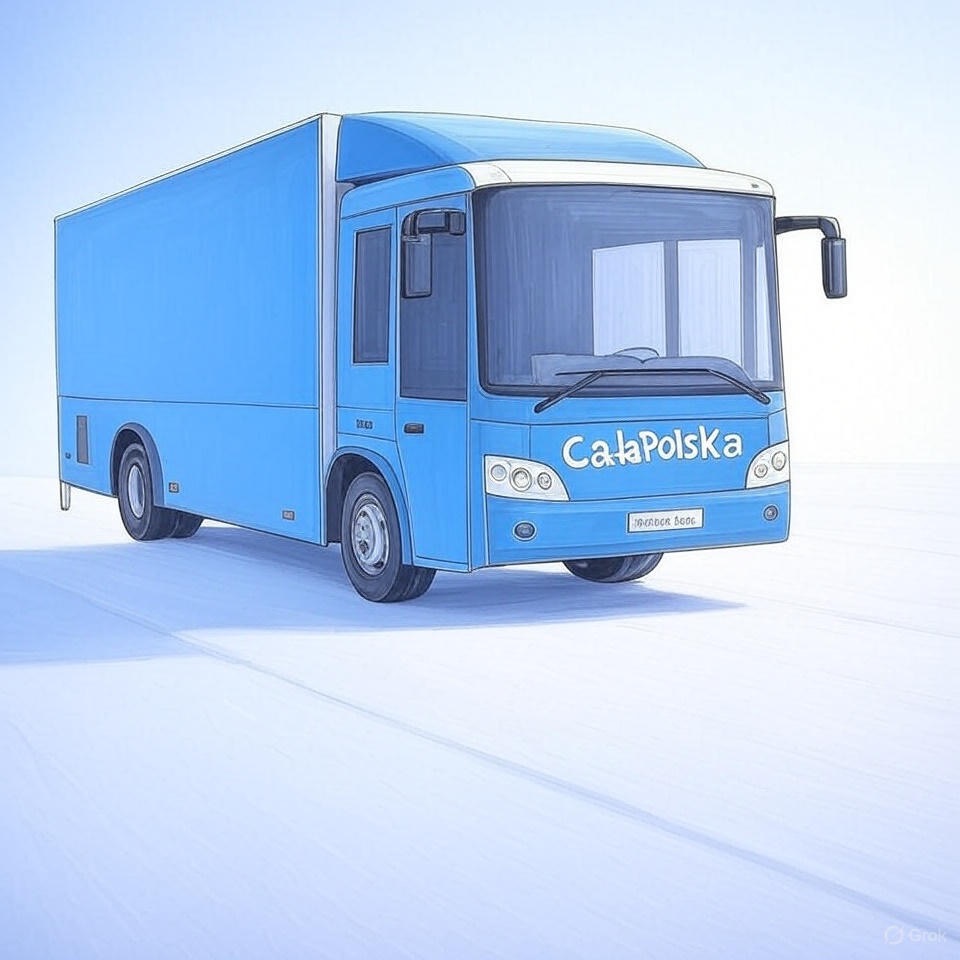 Ilustracja błękitnego busa transportowego z napisem 'Cała Polska' na tle jasnego tła, widzianego z przodu, sugerująca usługi transportowe.