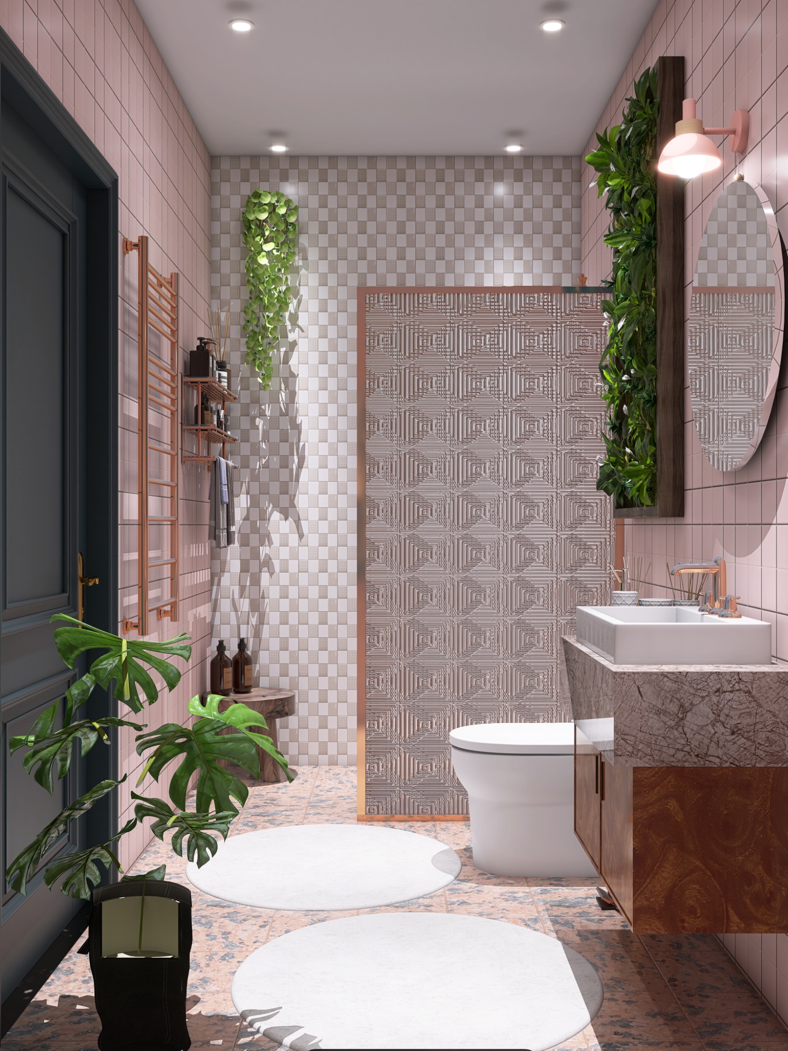 Wnętrze łazienki z różowymi płytkami, roślinami i okrągłymi dywanikami. Umywalka na szafce z marmurowym blatem. Dekoracyjna ścianka działowa z geometrycznym wzorem.