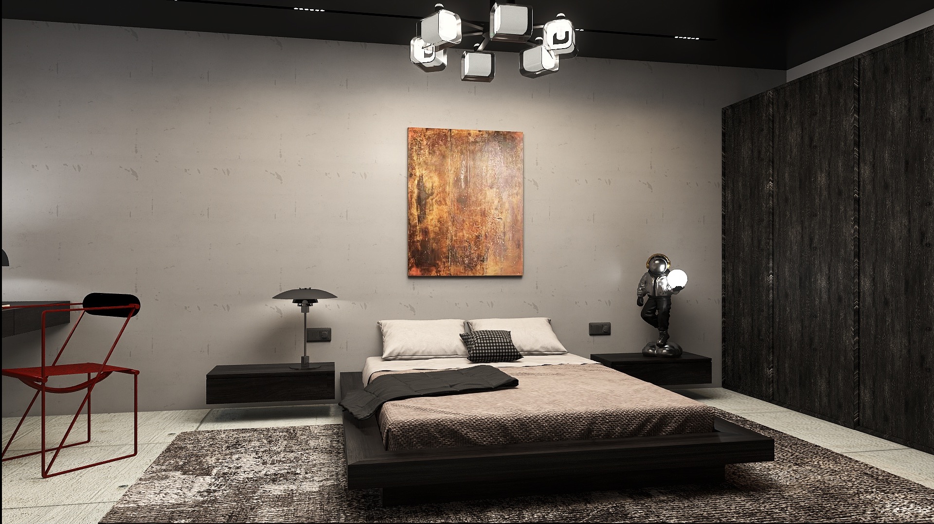 Nowoczesna sypialnia z łóżkiem na niskiej platformie, abstrakcyjnym obrazem nad wezgłowiem i lampką nocną w kształcie astronauty. Minimalistyczny design, stonowana kolorystyka.