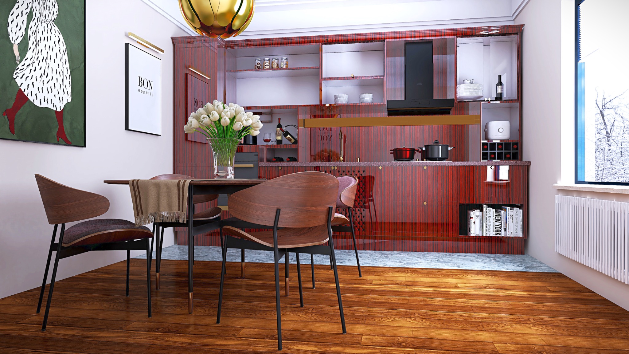 Jadalnia z kuchnią w stylu glamour: drewniany stół z krzesłami, lśniące, czerwone szafki kuchenne, złota lampa i dekoracje. Widok na zimowy krajobraz za oknem.