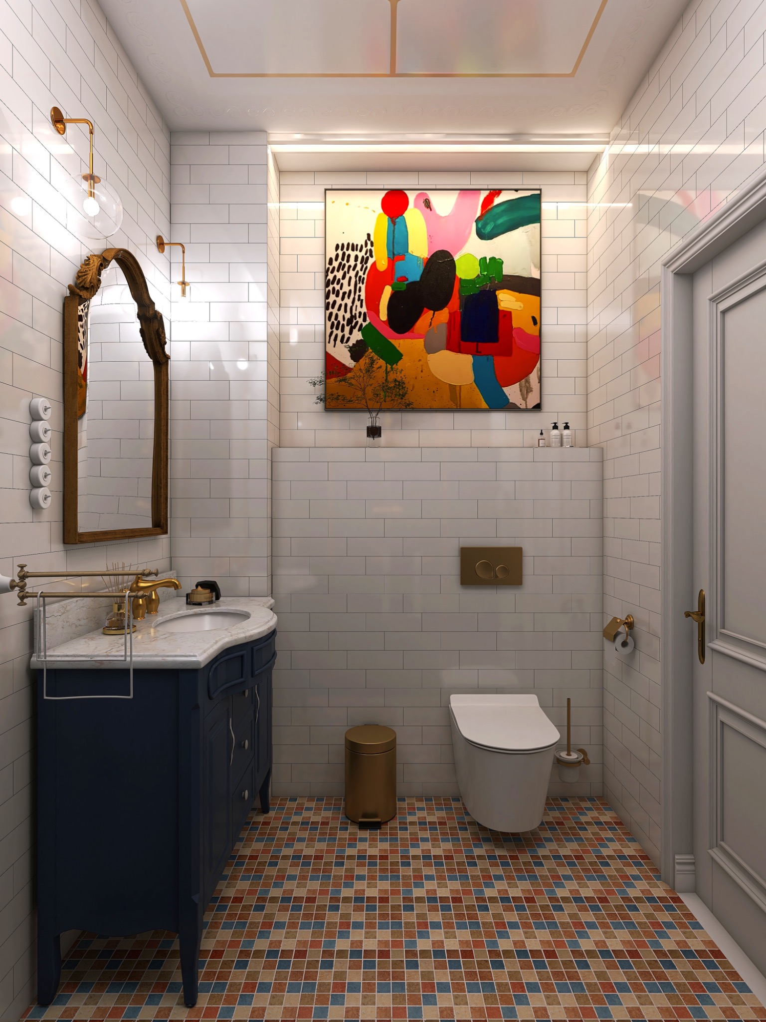 Nowoczesna łazienka z umywalką na szafce w stylu retro, lustrem w bogato zdobionej ramie i kolorowym obrazem abstrakcyjnym na ścianie wyłożonej białymi płytkami.