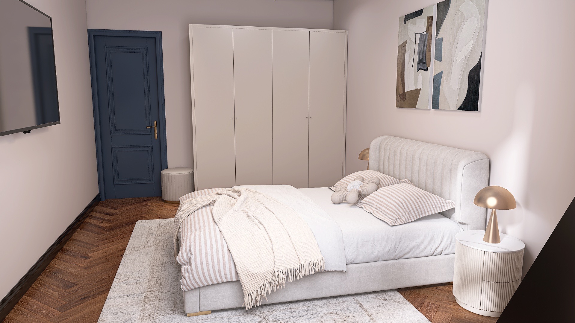 Elegancka sypialnia w odcieniach beżu i bieli. Duże łóżko z pluszowym misiem, minimalistyczna szafa i abstrakcyjne obrazy tworzą przytulną atmosferę.