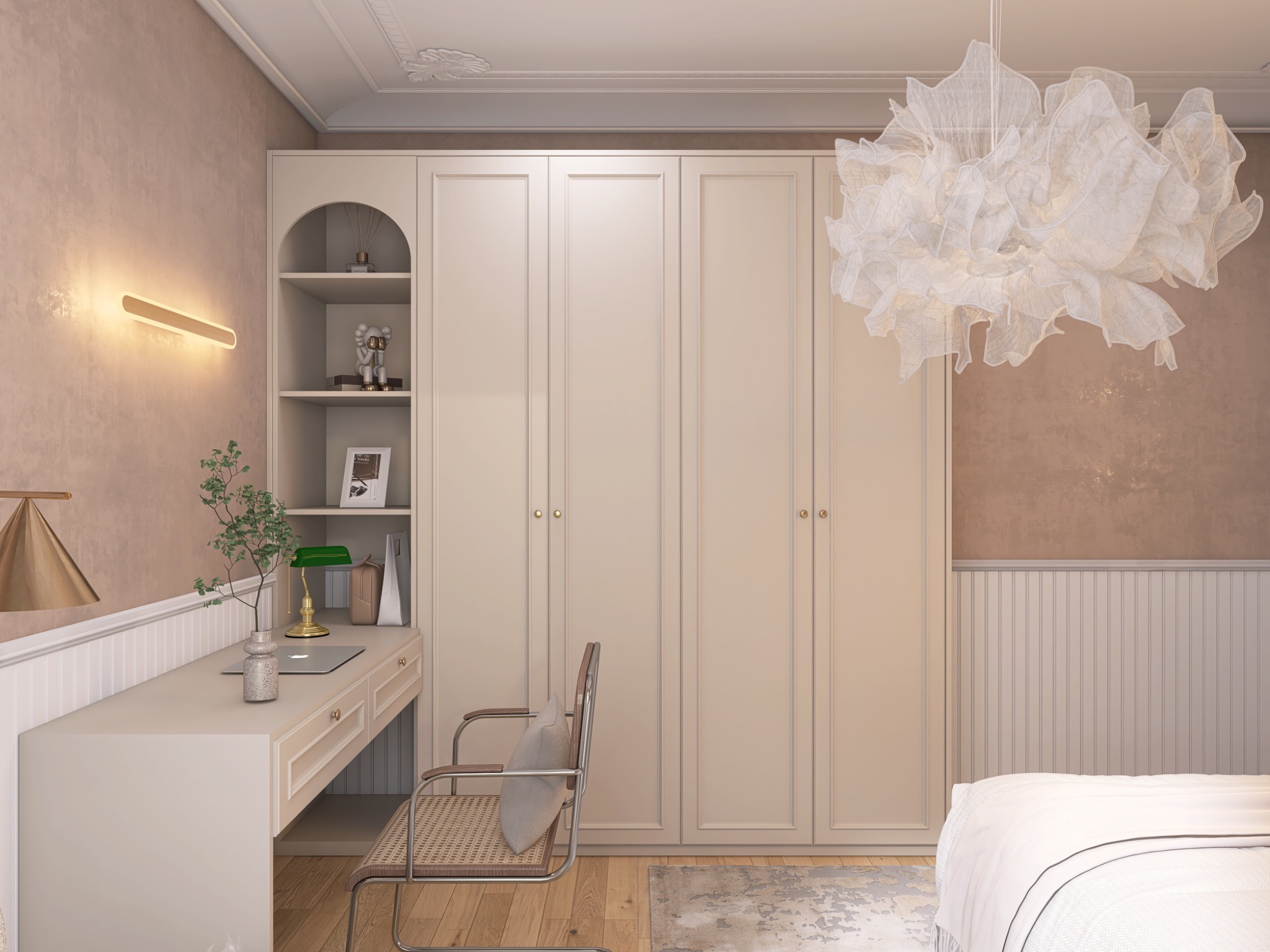 Elegancka sypialnia z biurkiem, szafą w zabudowie i dekoracyjną lampą. Stonowana kolorystyka, subtelne oświetlenie i designerskie elementy tworzą przytulną atmosferę.