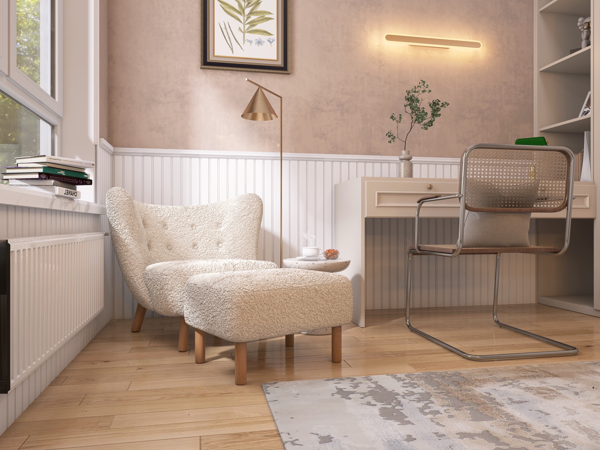 Jasny pokój do pracy z biurkiem, krzesłem, lampą i fotelikiem. Na biurku wazon z zielonymi gałązkami, na parapecie książki. Przytulne wnętrze.