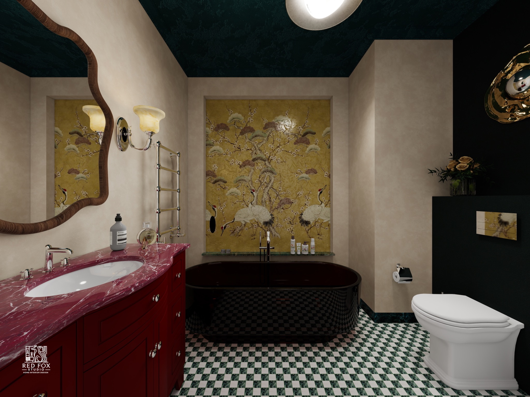 Eklektyczna łazienka z wanną wolnostojącą, umywalką z czerwonym marmurem, lustrem w drewnianej ramie i tapetą w orientalnym stylu z motywem żurawi.