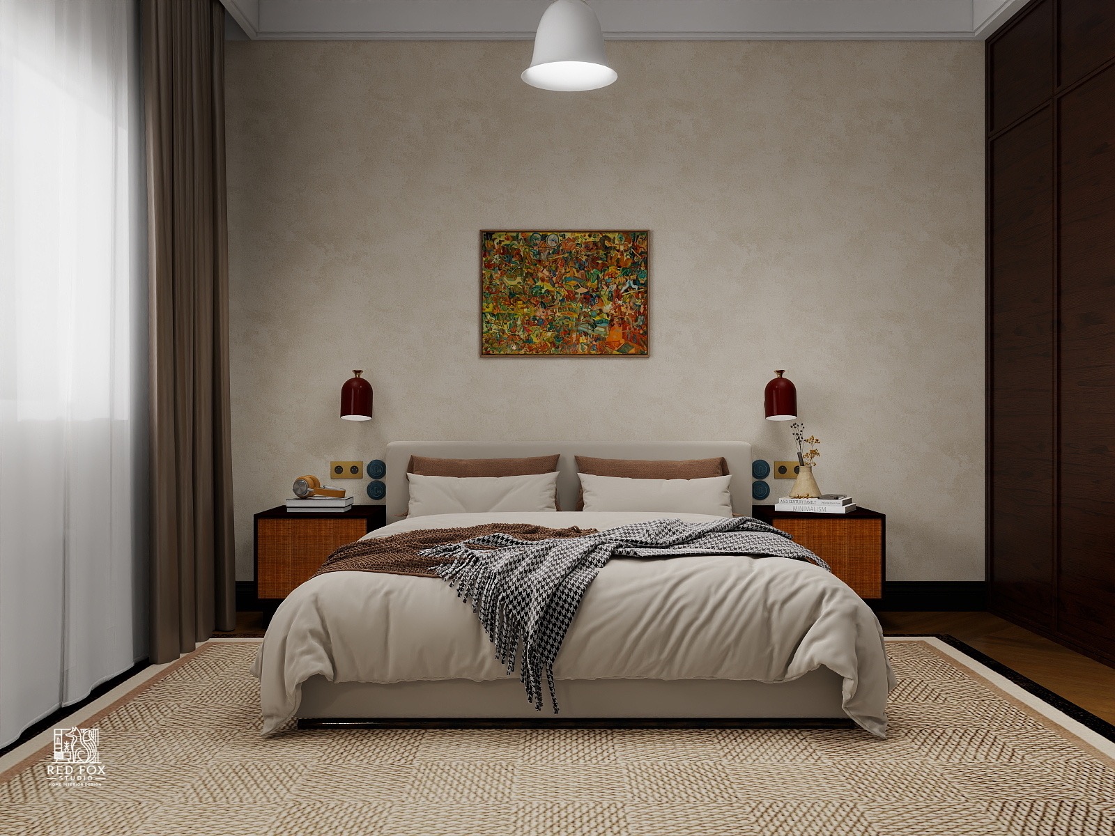 Minimalistyczna sypialnia: łóżko z tapicerowanym zagłówkiem, szafki nocne, obraz na ścianie. Neutralna kolorystyka, designerskie lampki nocne.