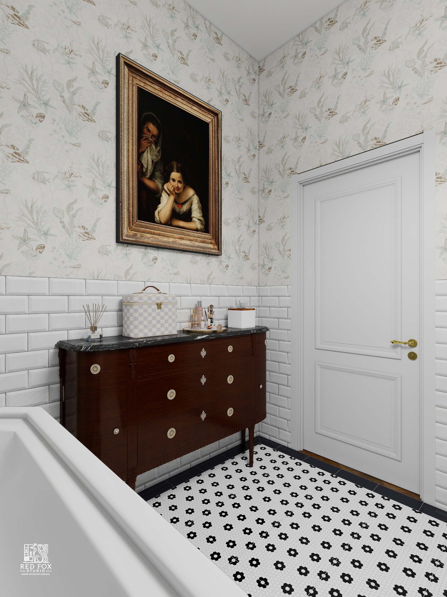 Klasyczna łazienka z ciemną komodą, obrazem w złotej ramie, białą armaturą i mozaikową podłogą. W tle ściana w tapetę w motywy roślinne i morskie.