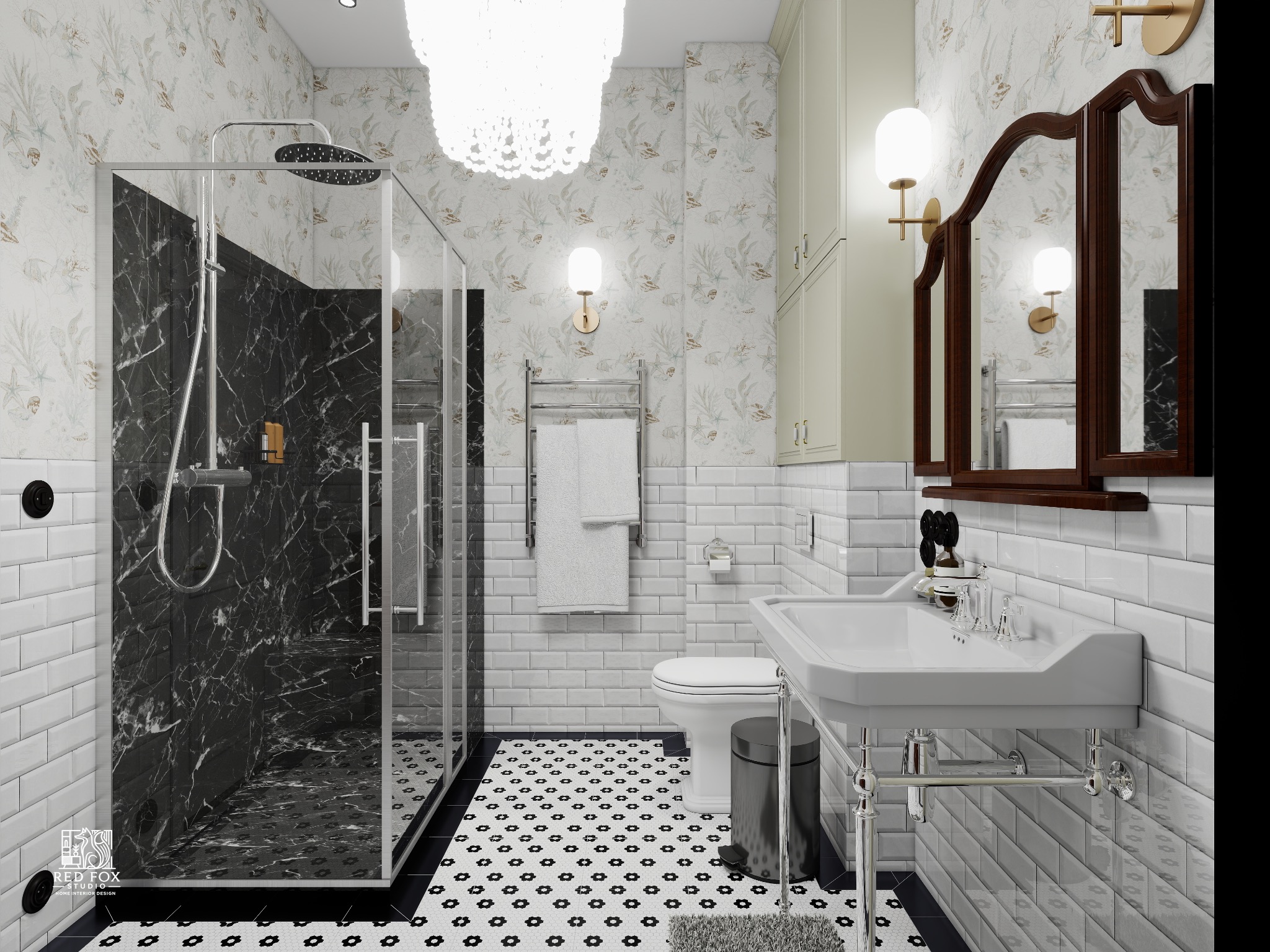 Elegancka łazienka z kabiną prysznicową obłożoną czarnym marmurem, białą umywalką na chromowanych nogach i dekoracyjną tapetą w tle. Klasyczny styl.