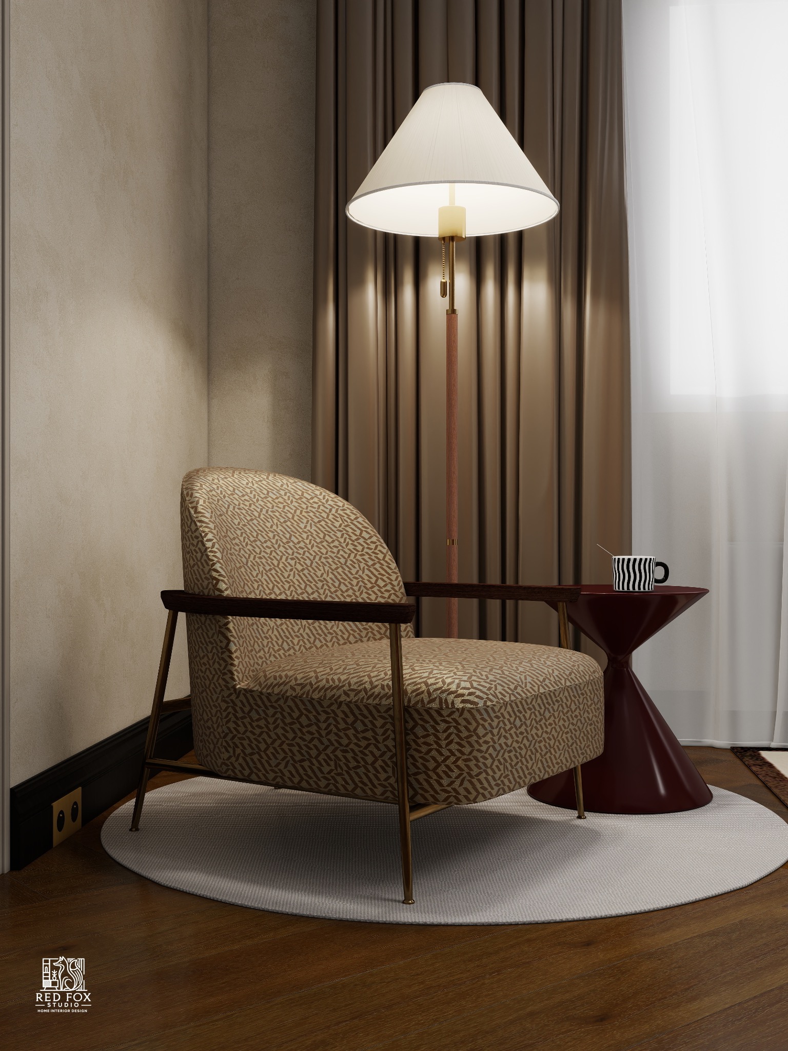 Stylowy fotel z geometrycznym wzorem, burgundowy stolik z kubkiem i lampa podłogowa tworzą przytulny kącik w jasnym wnętrzu. Nowoczesna elegancja i spokój.