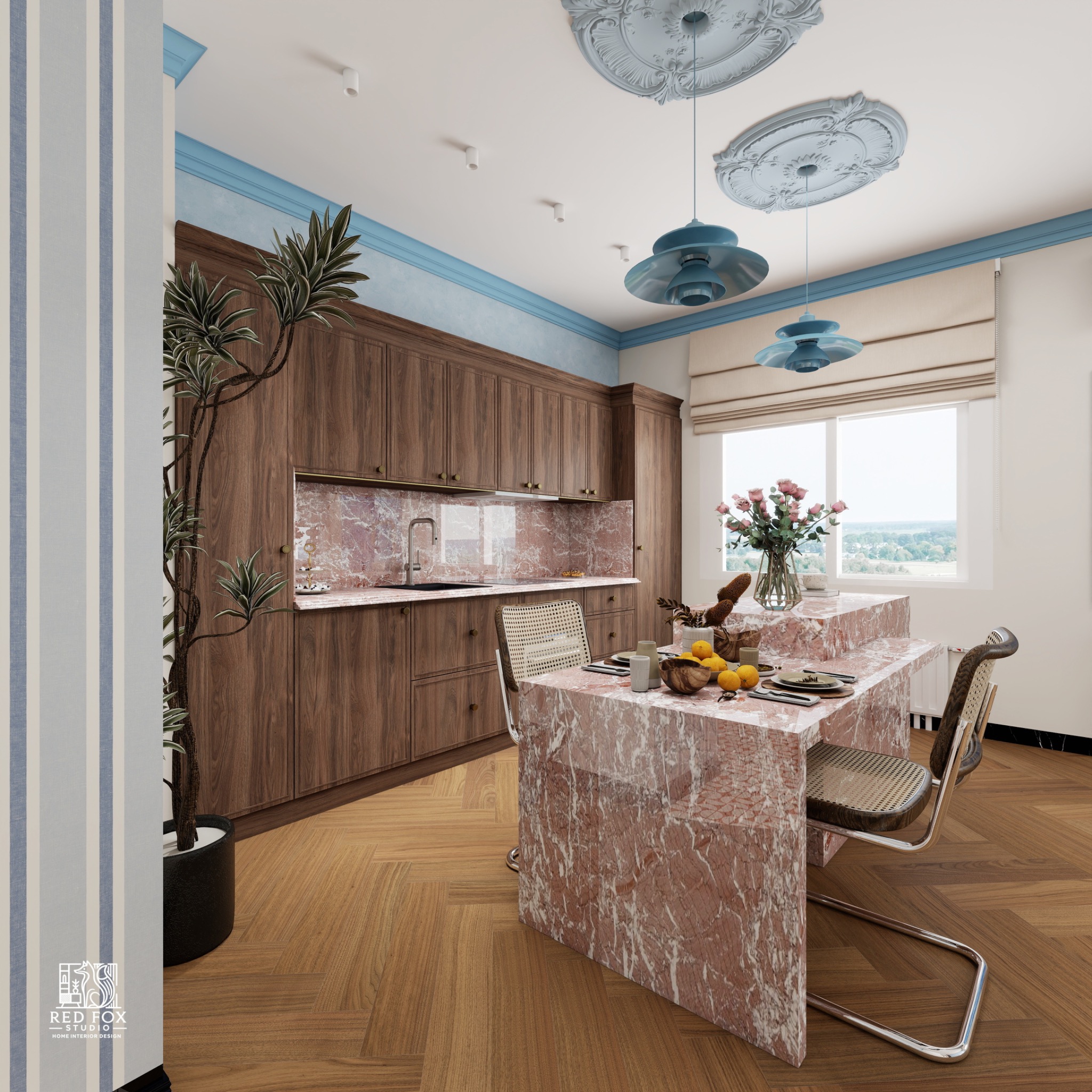 Stylowa kuchnia z marmurowym blatem i drewnianymi szafkami. Oświetlenie podkreśla detale, a parkiet w jodełkę dodaje elegancji. Roślina w rogu ożywia wnętrze.