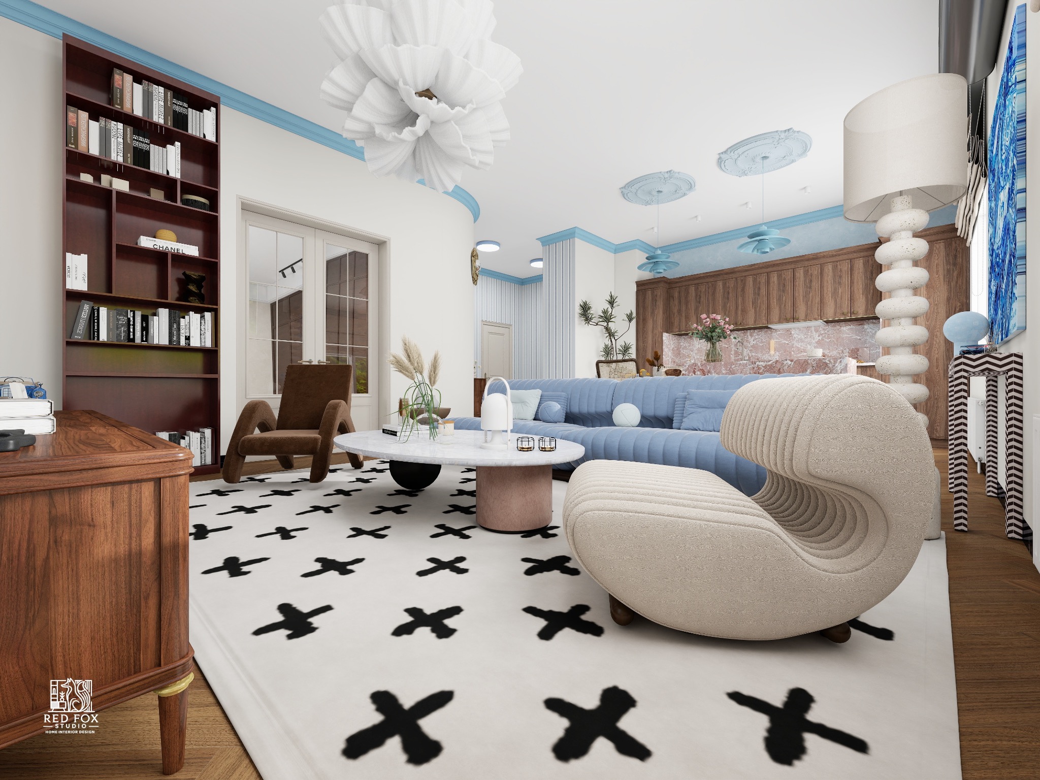 Jasne wnętrze salonu z niebieskimi akcentami: sofa, fotel, biblioteczka, dywan w krzyżyki i dekoracyjne lampy. Projekt w stylu nowoczesnym, z dbałością o detale.