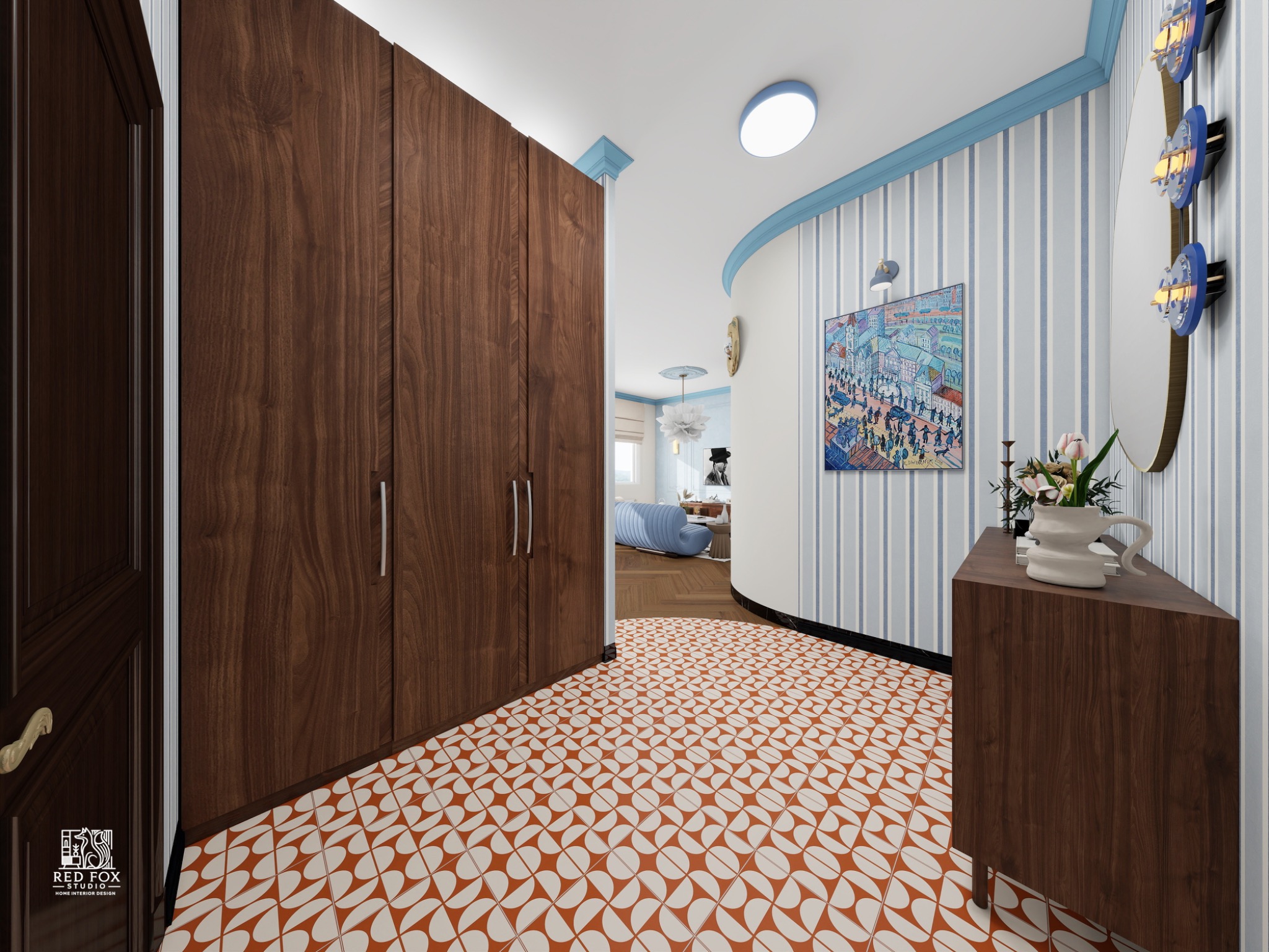 Aranżacja wnętrza przedpokoju z szafą z ciemnego drewna, wzorzystą podłogą i niebieskimi akcentami kolorystycznymi. Widok na dalszą część mieszkania.