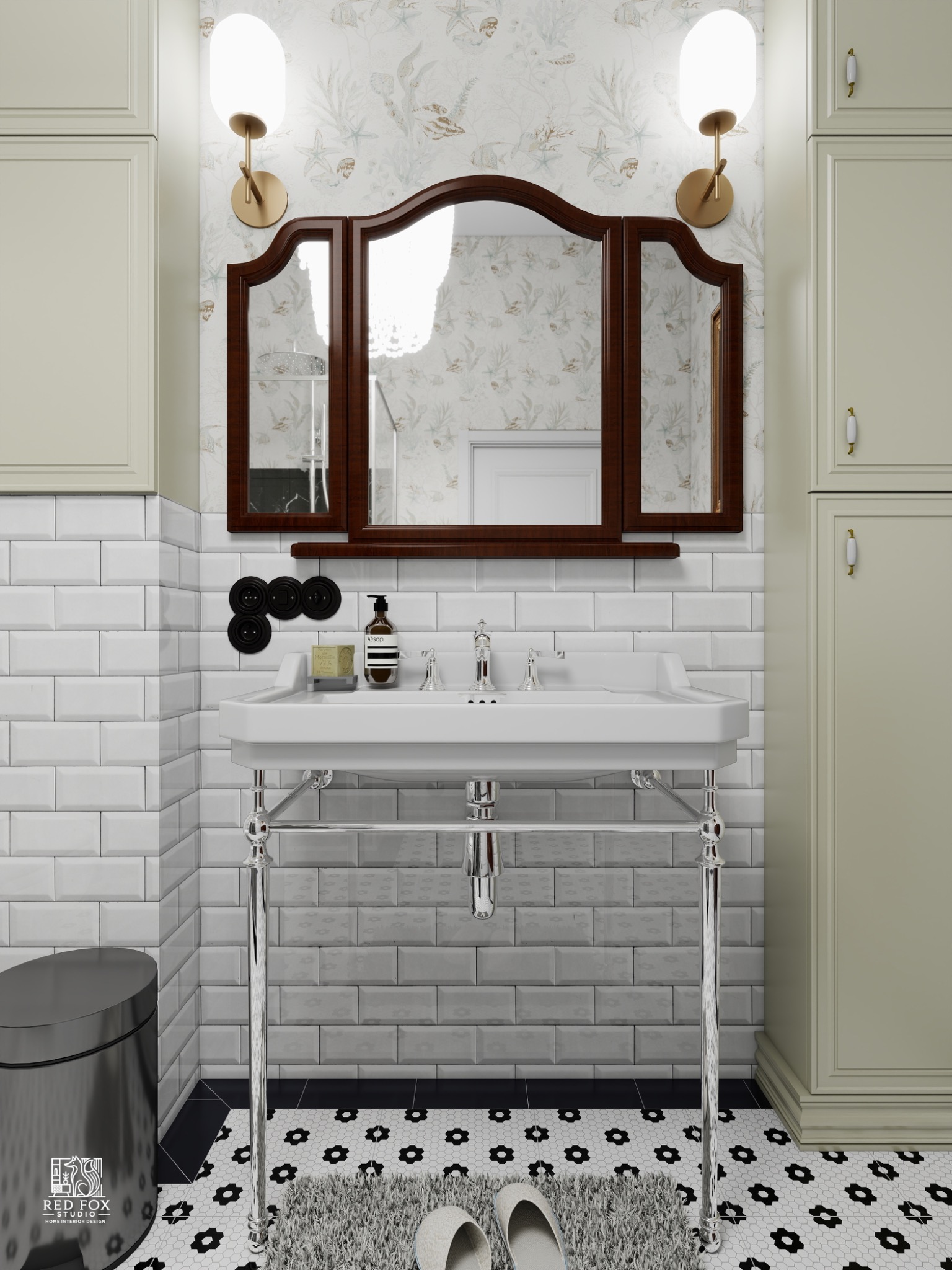 Jasna łazienka w stylu retro: biała umywalka na metalowych nogach, trójdzielne lustro w drewnianej ramie, płytki metro i szafki w odcieniach beżu.